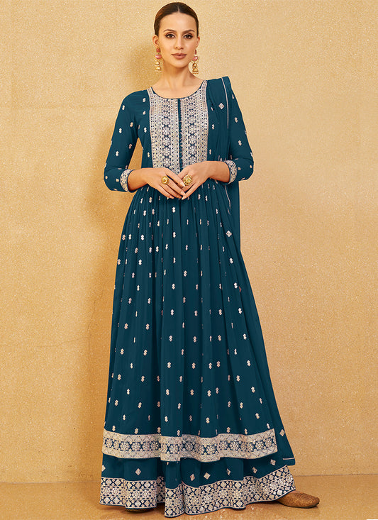 Turquoise Sequence Embroidery High Slit Palazzo Suit