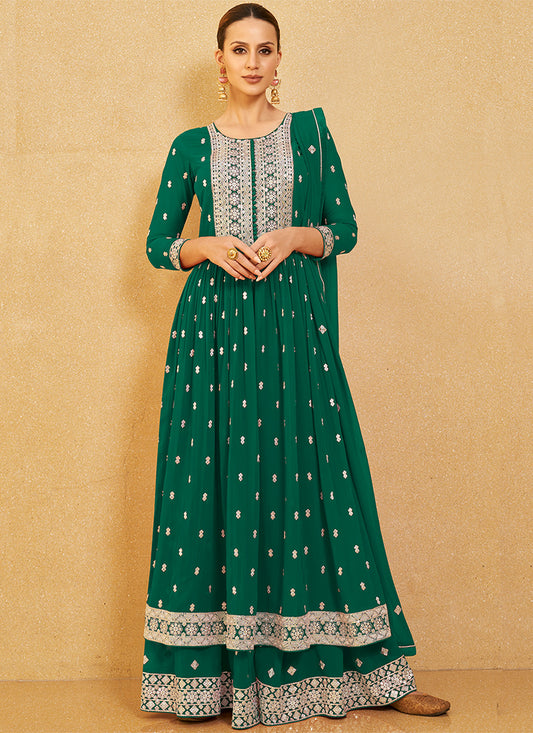 Green Sequence Embroidery High Slit Palazzo Suit