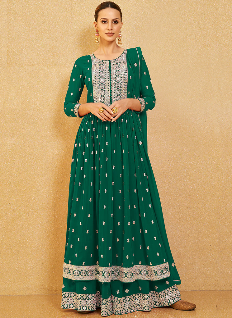 Green Sequence Embroidery High Slit Palazzo Suit