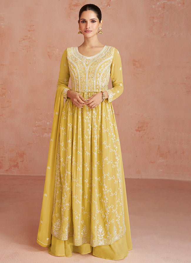 Yellow Georgette Thread Embroidered Palazzo Suit