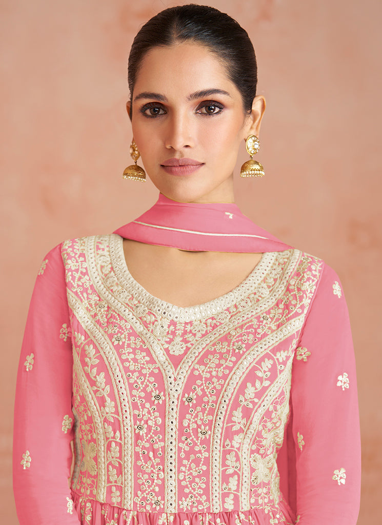 Pink Georgette Thread Embroidered Palazzo Suit In Usa