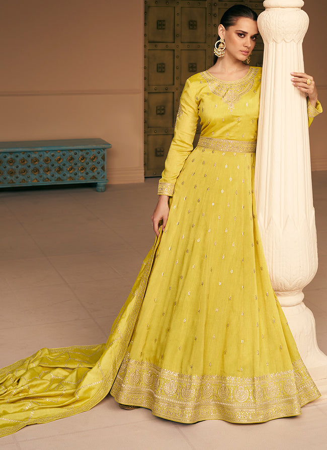 Yellow Silk Traditional Anarkali Suit In Usa Uk