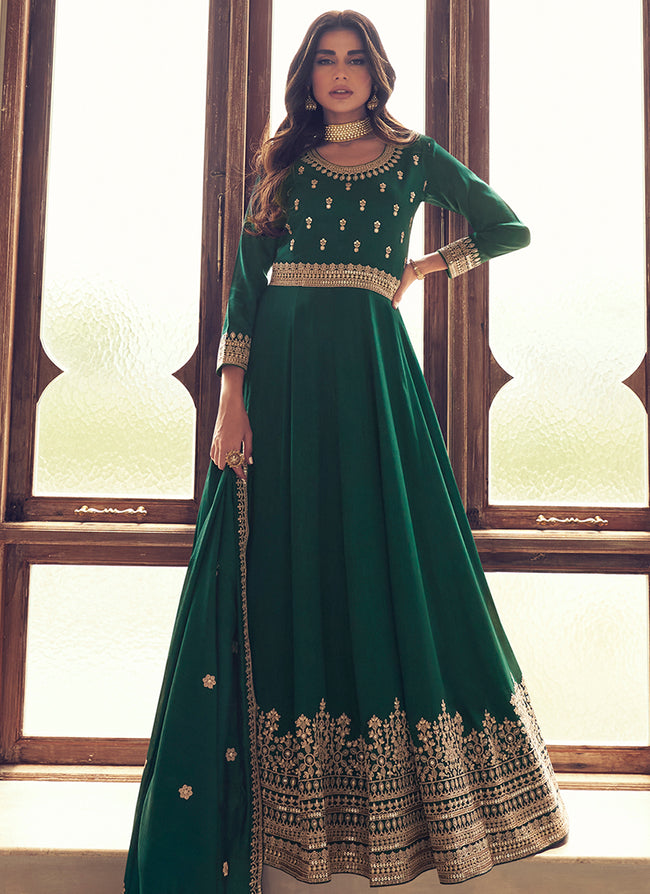 Dark Green Embroidered Designer Anarkali Suit