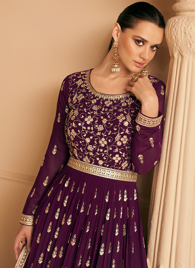 Deep Wine Sequence Anarkali Gown In USA