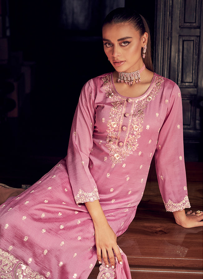 Pink Embroidery Designer Silk Pant Style Suit In USA