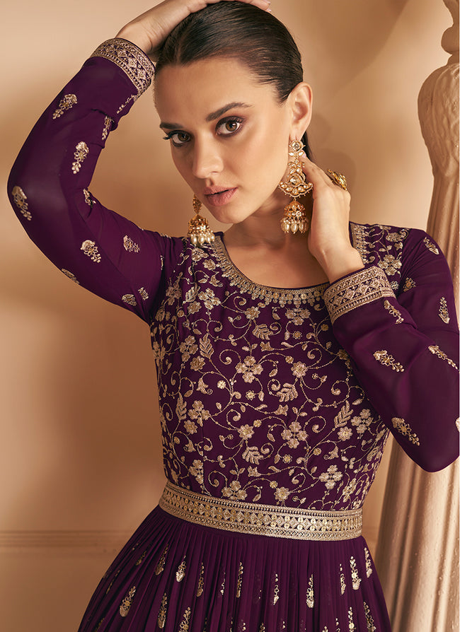 Deep Wine Sequence Anarkali Gown In USA UK