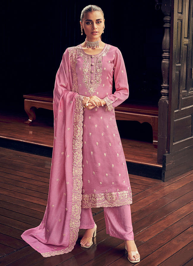 Pink Embroidery Designer Silk Pant Style Suit In USA Canada