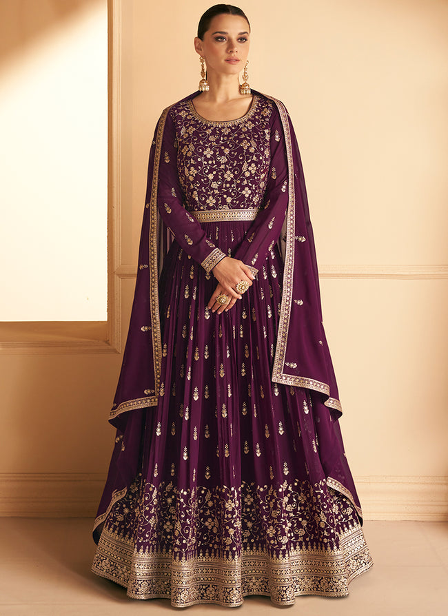 Deep Wine Sequence Embroidery Wedding Anarkali Gown