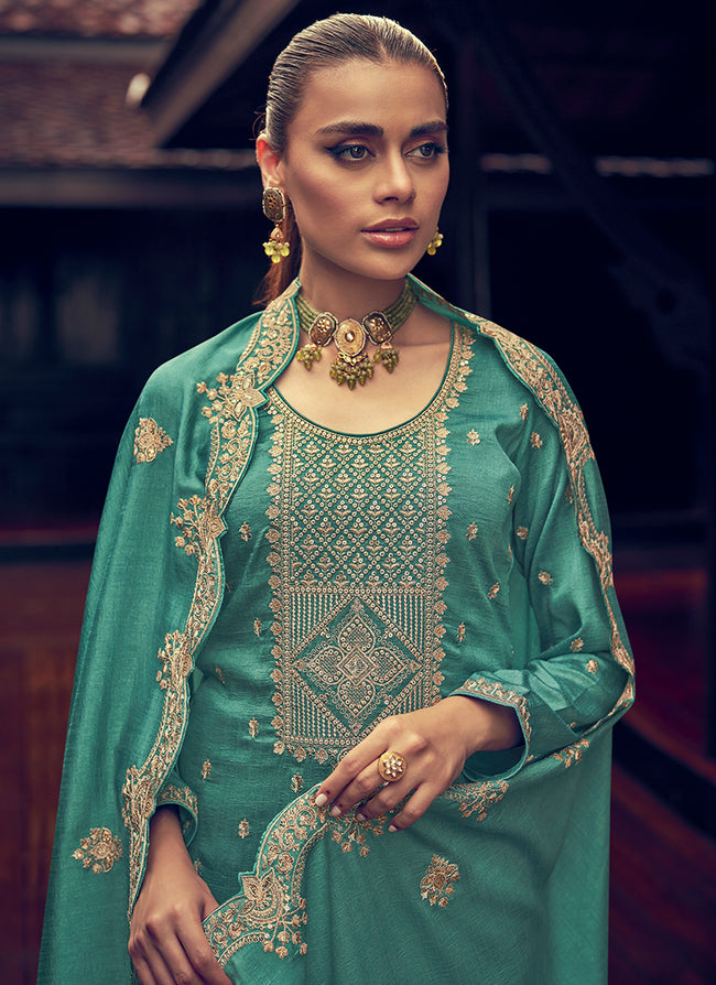 Sea Green Embroidery Designer Silk Pant Style Suit In USA