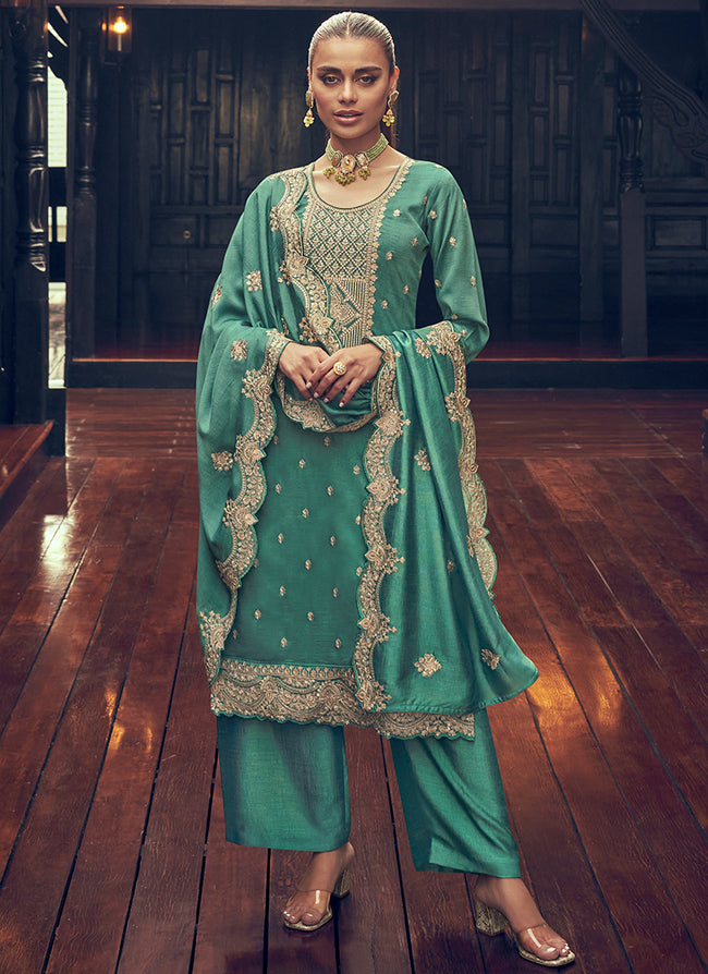 Sea Green Embroidery Designer Silk Pant Style Suit