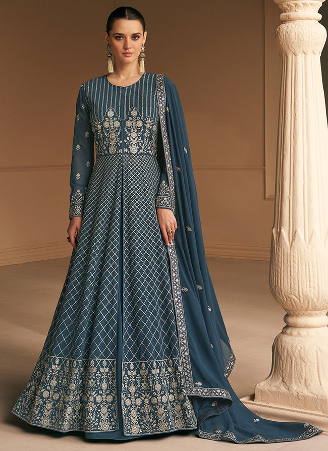 Deep Grey Sequence Embroidery Wedding Anarkali Gown