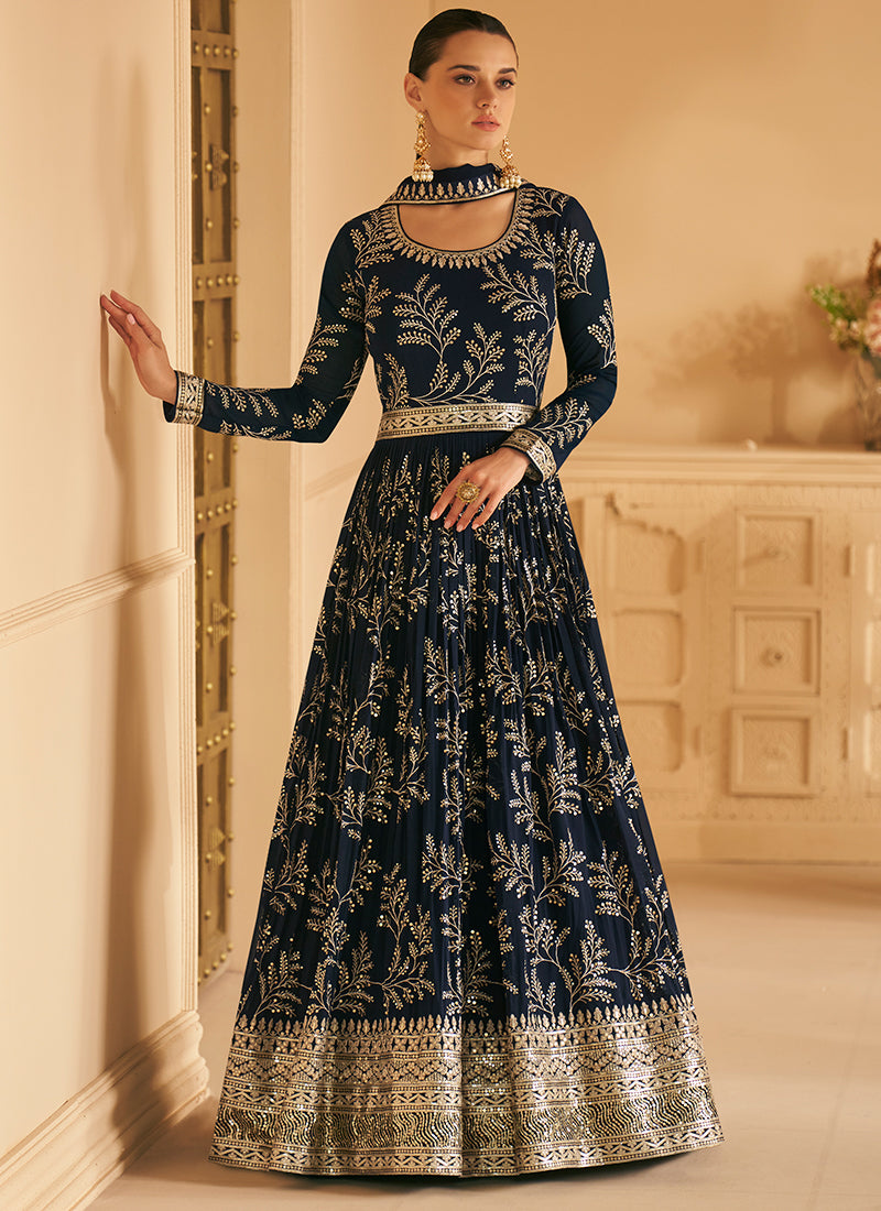 Dark Blue Sequence Embroidery Wedding Anarkali Gown