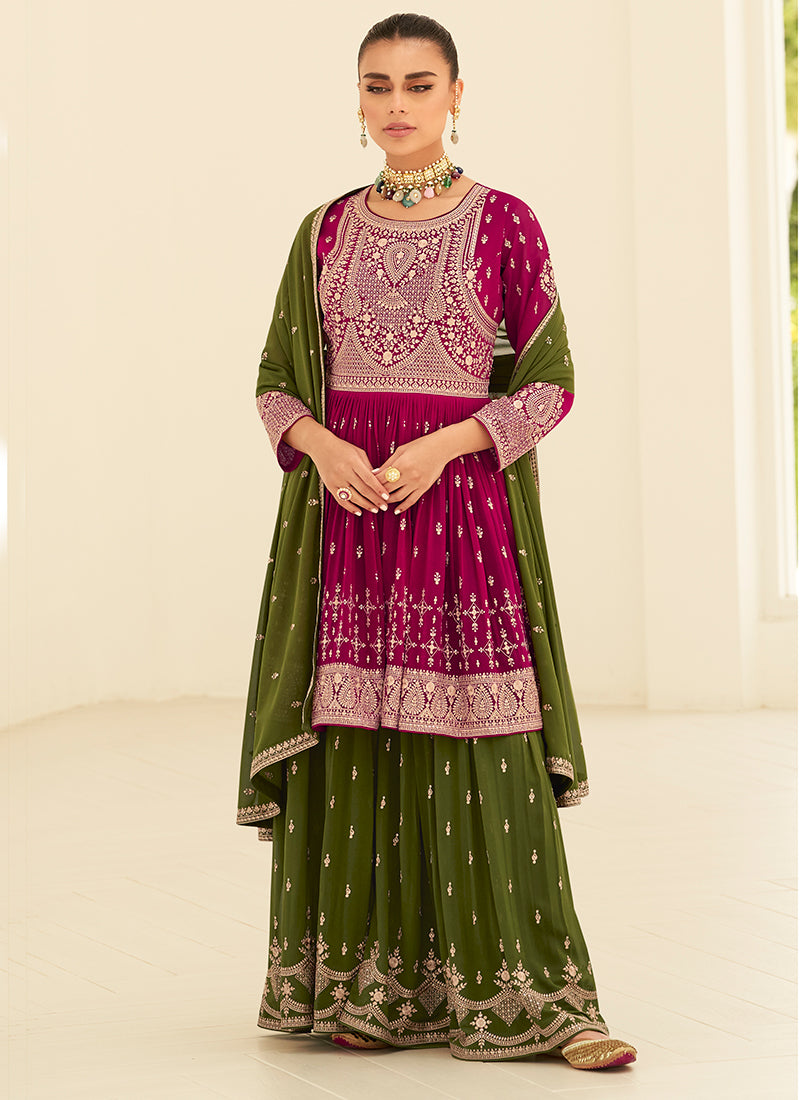 Pink And Green Embroidery Anarkali Gharara Suit