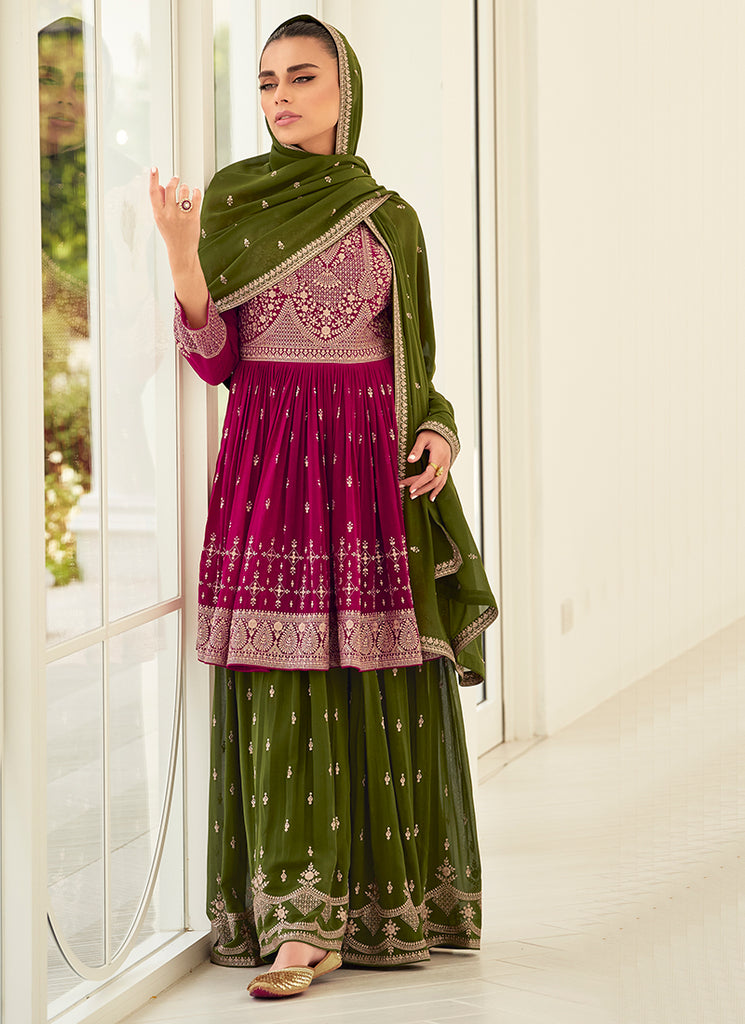 Pink And Green Embroidery Anarkali Gharara Suit In USA UK Canada