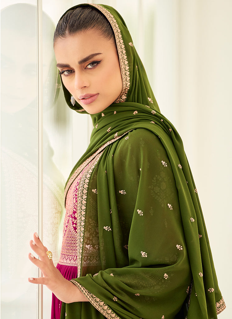 Pink And Green Embroidery Anarkali Gharara Suit In USA