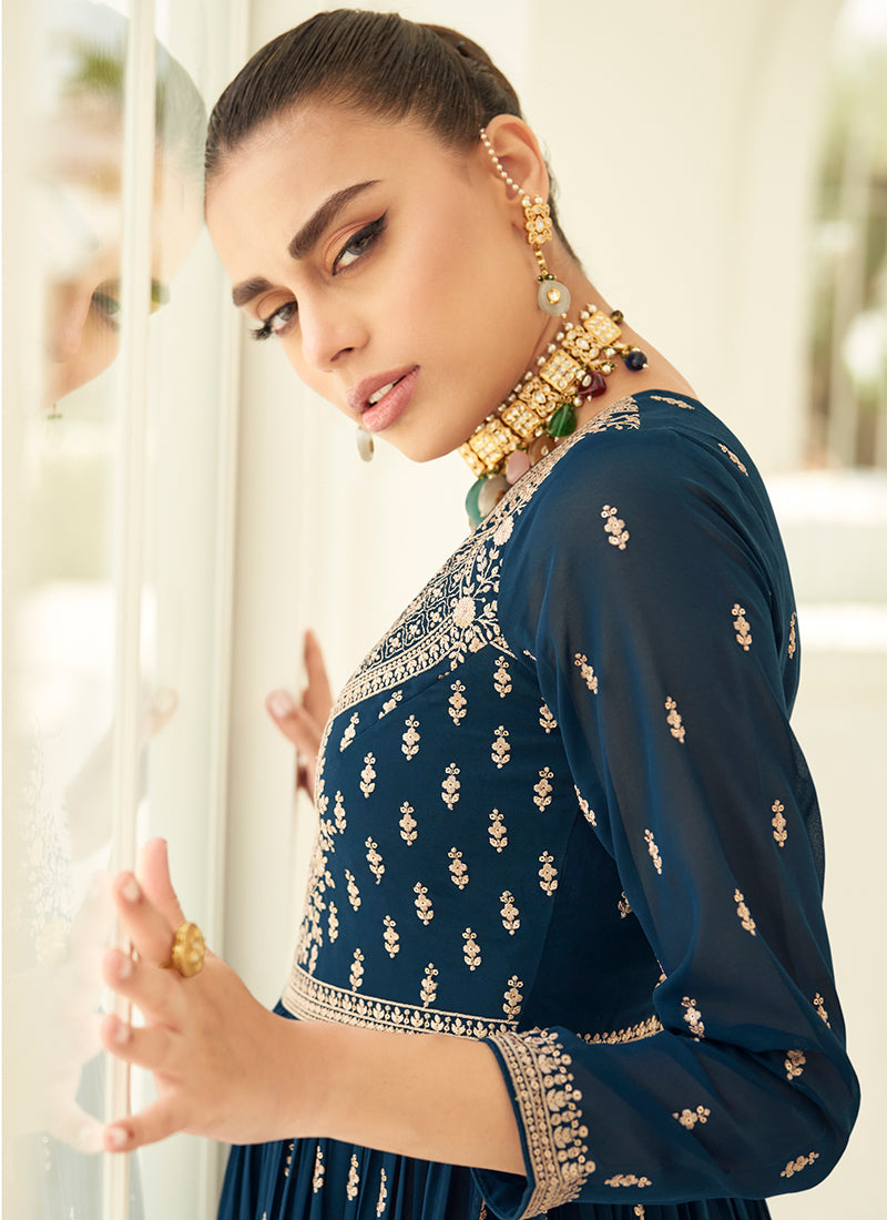 Turquoise And Peach Anarkali Gharara Suit In USA UK