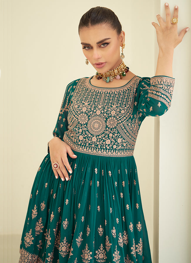 Green And Blue Embroidery Anarkali Gharara Suit In USA Australia