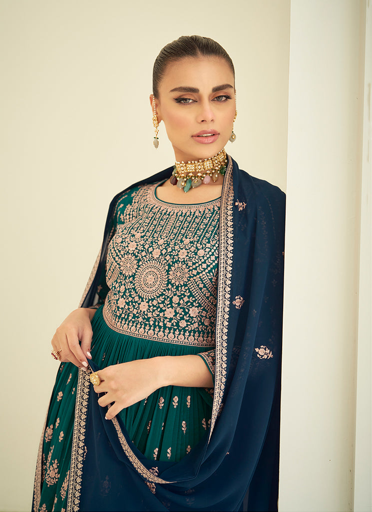 Green And Blue Embroidery Anarkali Gharara Suit IN USA