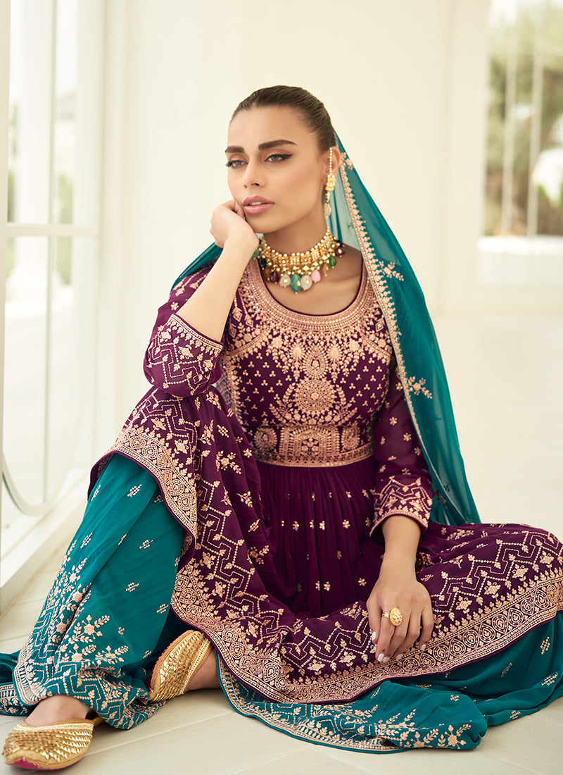 Purple And Turquoise Anarkali Gharara Suit In USA UK