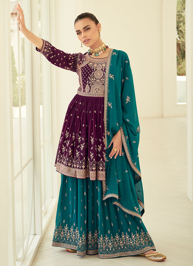 Purple And Turquoise Embroidery Anarkali Gharara Suit