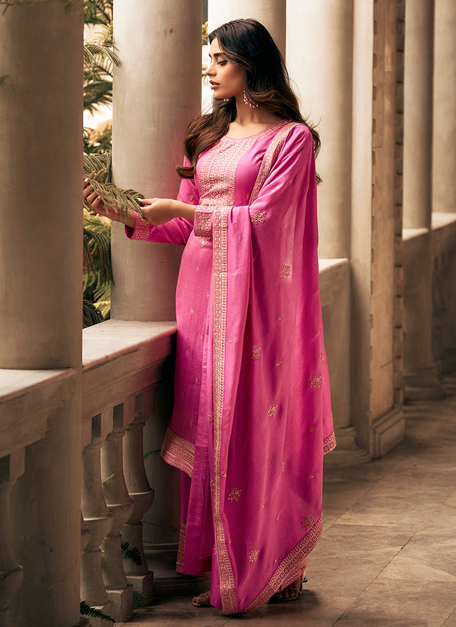 Pink Sequence Embroidery Silk Palazzo Suit In USA Germany