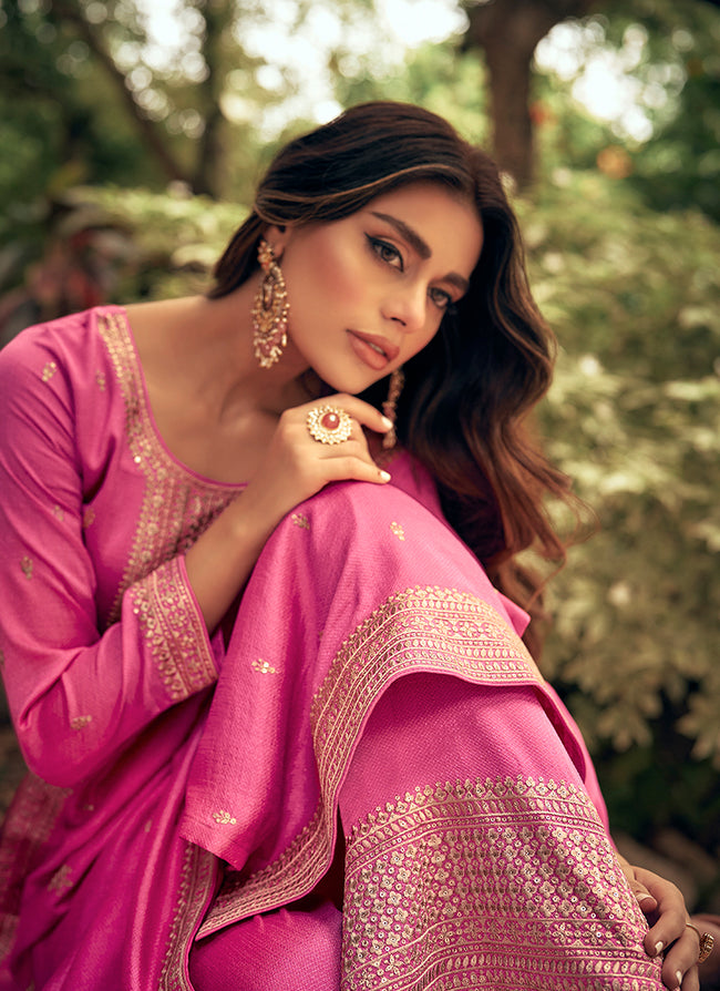 Pink Sequence Embroidery Silk Palazzo Suit In USA UK