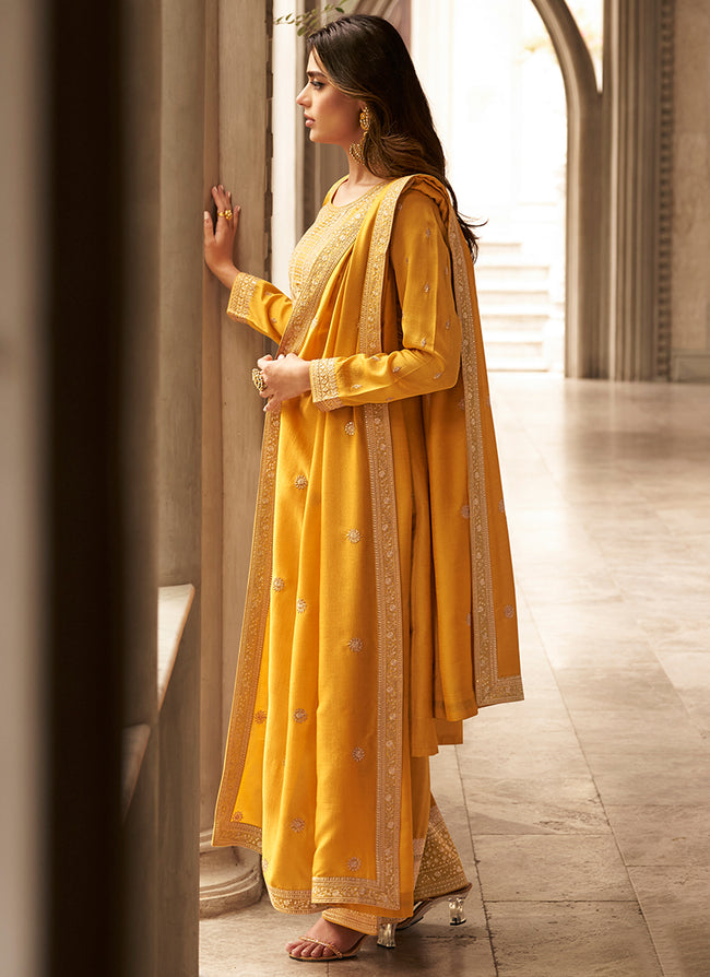 Yellow Sequence Embroidery Silk Palazzo Suit In USA Canada