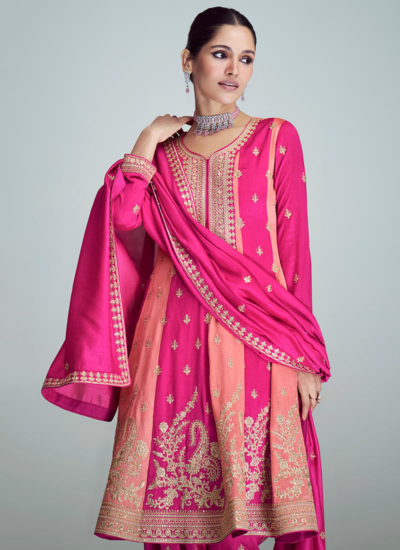 Pink Golden Sequence Embroidery Anarkali Pant Suit