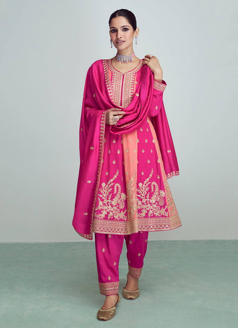 Pink Golden Sequence Embroidery Anarkali Pant Suit