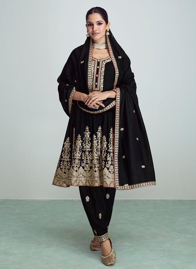 Black Golden Sequence Embroidery Anarkali Pant Suit