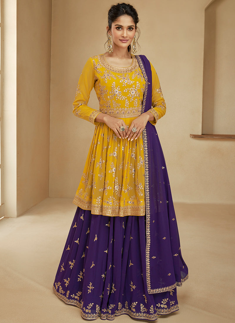 Yellow And Purple Embroidery Wedding Anarkali Lehenga