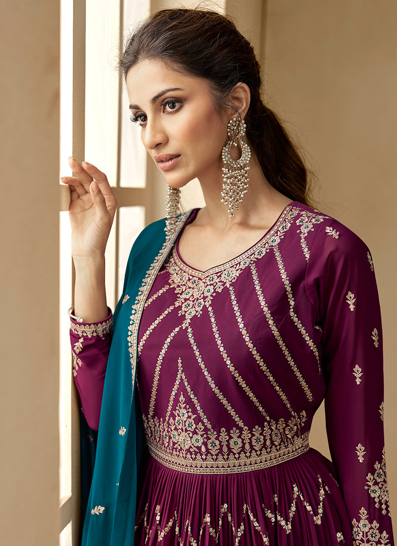 Wine And Turquoise Embroidery Wedding Anarkali Lehenga