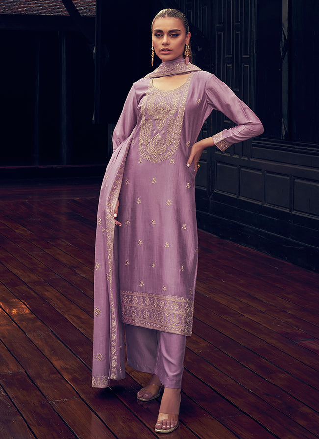 Lavender Purple Sequence Embroidery Traditional Palazzo Suit