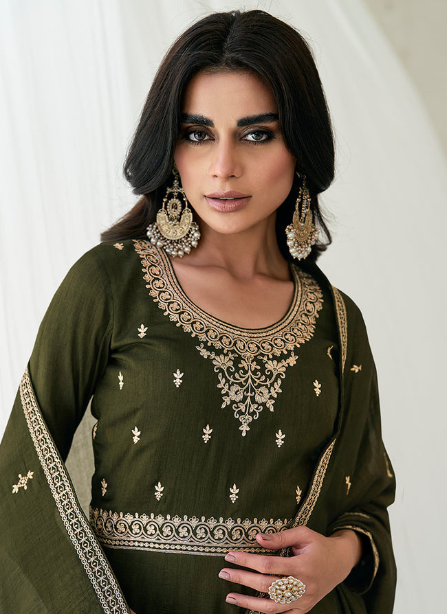 Buy Indian Clothing - Olive Green Embroidery Festive Anarkali Suit At ...