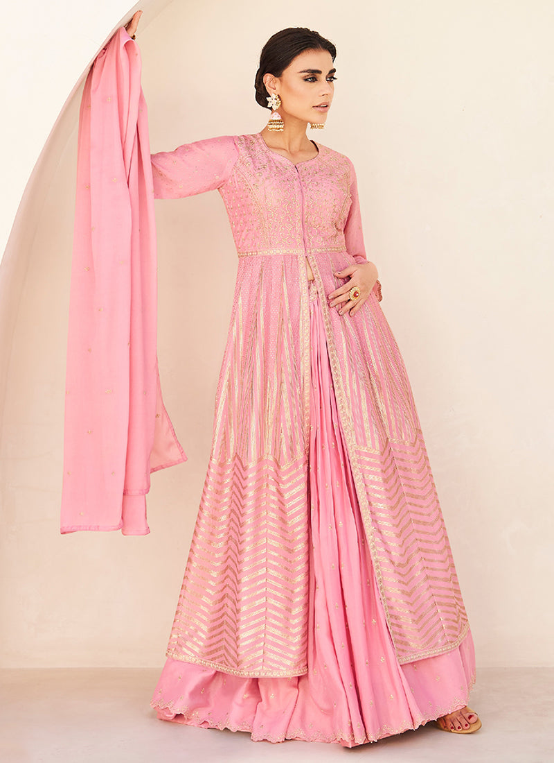 Pink Golden Embroidery Slit Style Anarkali Lehenga 