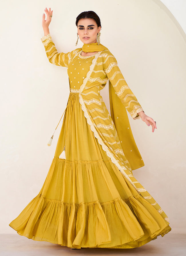 Casual Wear Yellow Colour Georgette Base Designer Gown With Thread And Jari  Work – Kaleendi
