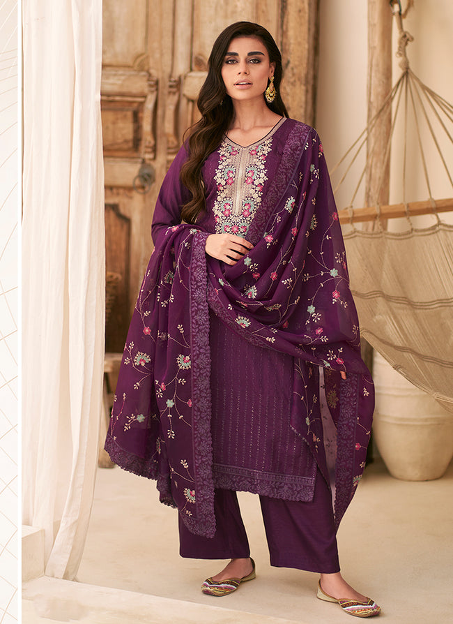 Purple Multi Floral Embroidery Pant Style Suit