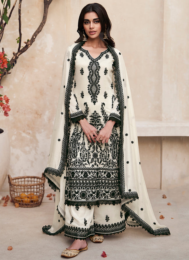 Off White Embroidery Traditional Palazzo Suit