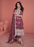 Mauve Purple Thread Embroidery Anarkali Pant Suit