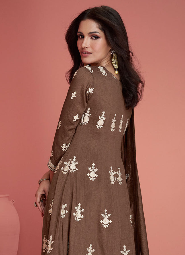 Hatkay Buy Anarkali Suits Brown Thread Embroidery Anarkali Pant Suit Default Title MWS Options 2673863443