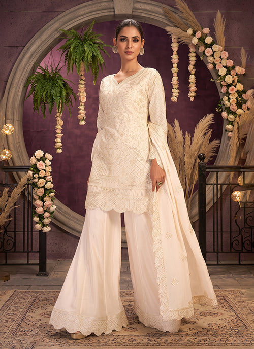 Off White Gota Patti Embroidered Palazzo Suit