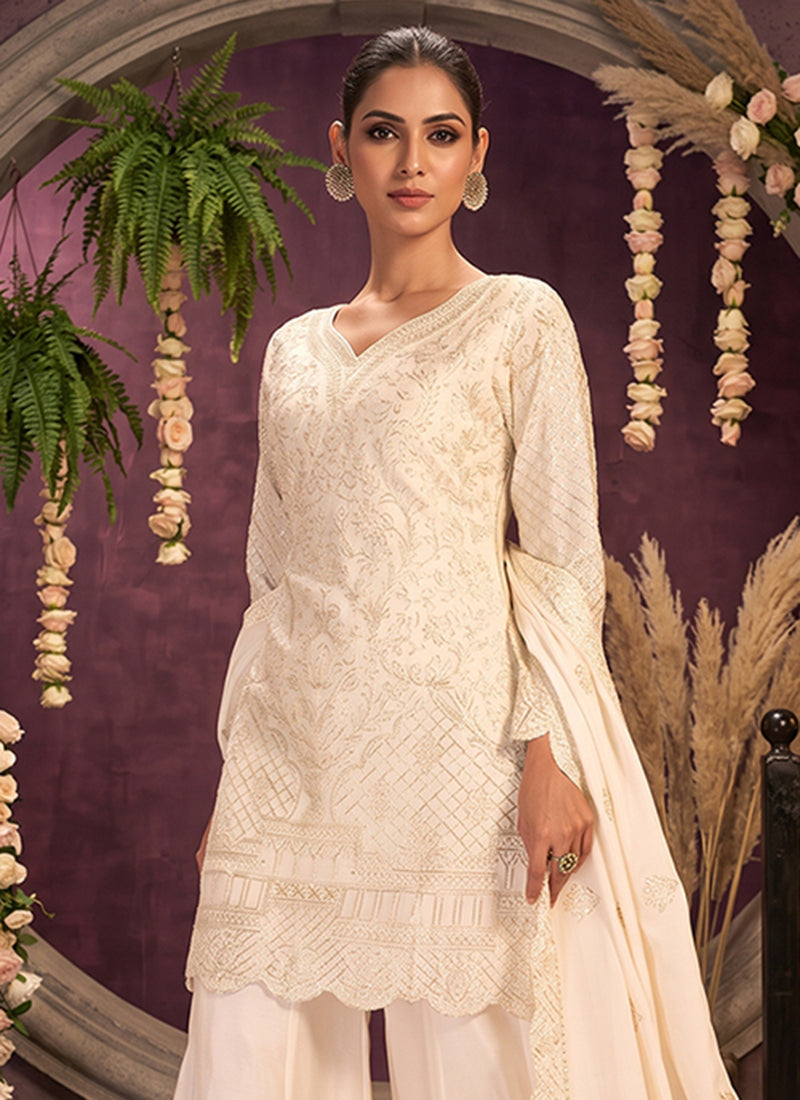 Off White Gota Patti Embroidered Palazzo Suit