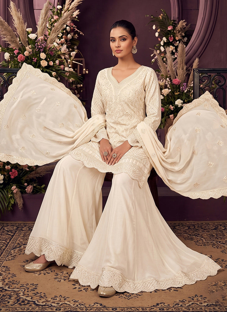 Off White Gota Patti Embroidered Palazzo Suit