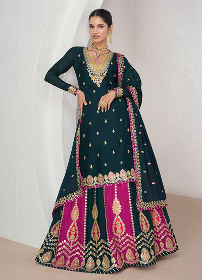 Dark Green Multi Embroidered Wedding Lehenga  Kurti Set