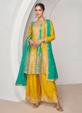 Turquoise And Yellow Traditional Embroidery Anarkali Palazzo Suit