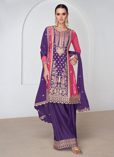 Pink And Purple Embroidered Wedding Palazzo Suit