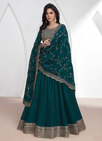 Turquoise Sequence Embroidery Anarkali Gown With Dupatta