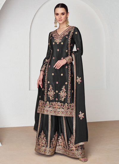 Black Multi Embroidery Festive Palazzo Suit 