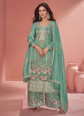 Turquoise Multi Floral Embroidery Silk Palazzo Suit