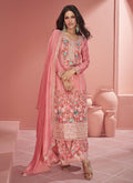 Peach Multi Floral Embroidery Silk Palazzo Suit